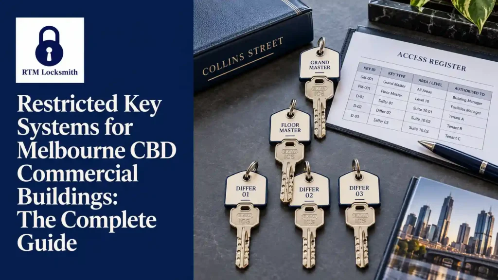 Five labelled restricted keys arranged by access level beside a Melbourne CBD commercial building key register
