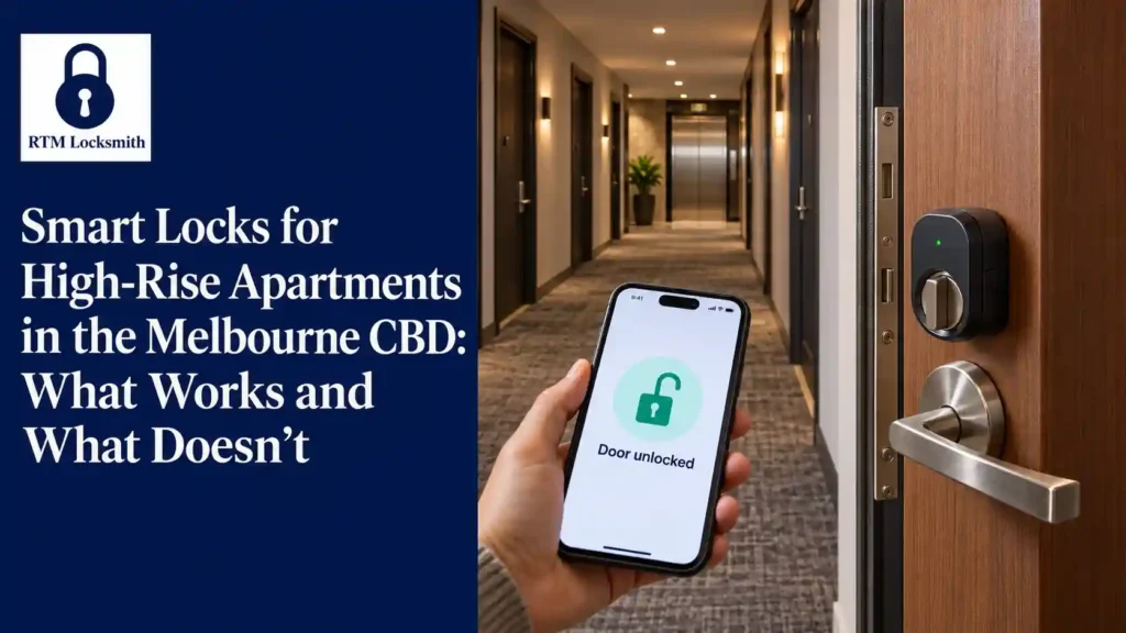 Smart lock on a Melbourne CBD apartment door, with a phone showing it unlocked and a lift lobby beyond